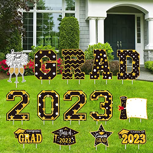 14Pcs 2023 Graduation Yard Sign Decorations Waterproof Grad Yard Signs Large Congrats Grad Lawn Signs Class Of 2023 Graduation Yard Sign With Stakes For Outdoor Congrats Graduation Party Decoration Supplies (Black Gold) #TOP7