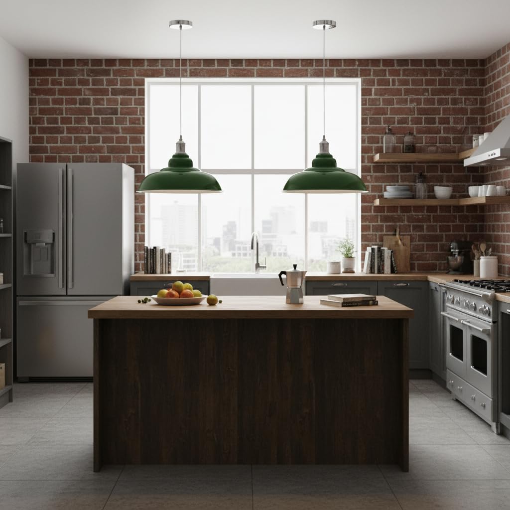 LEDSone Lampada a sospensione retrò E27 32 cm, lampada da soffitto in metallo, stile vintage, cavo regolabile - Faretto bianco per cucina, sala da pranzo, bar, caffetteria, ufficio (Verde)