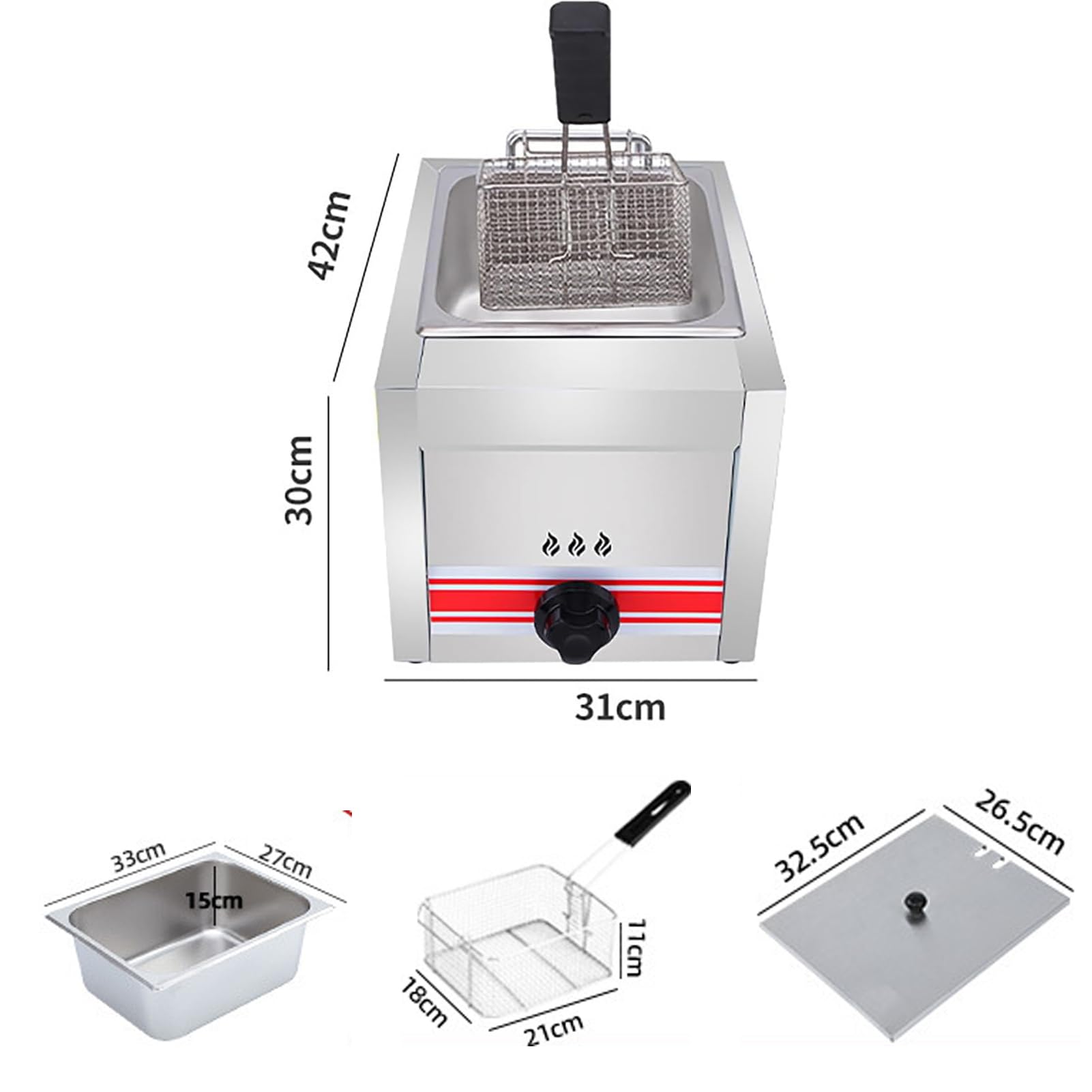 Friggitrice Professionale a Gas,Grande capacità 10L/20L/30L, Acciaio Inossidabile per Uso Alimentare 304,Facile da Pulire,per Friggere Ristoranti Supermercati Stand Fast Food