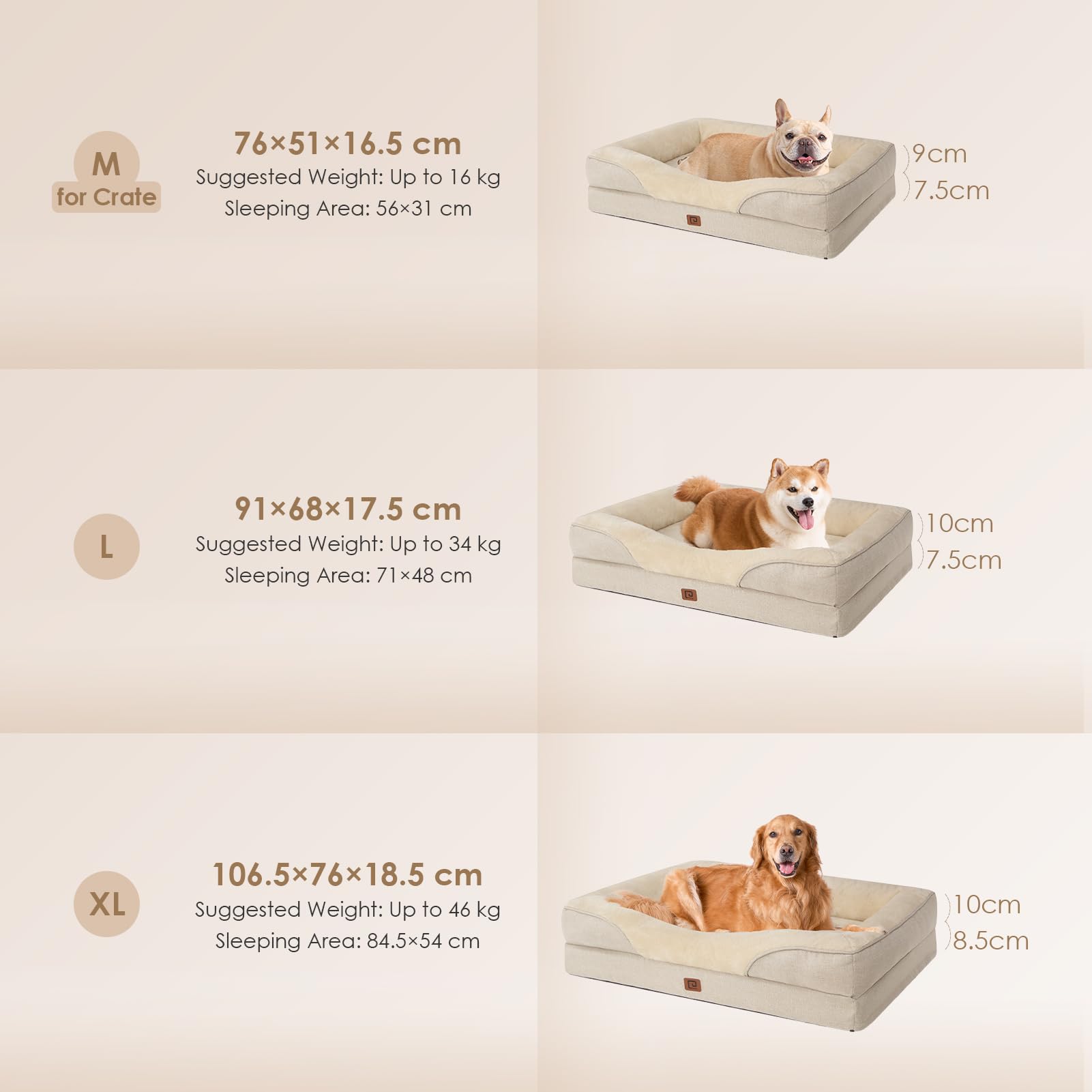 EHEYCIGA Memory Foam Cuccia Cane Interno Taglia Grande, Impermeabile Divano per Cani Sfoderabile e Lavabile, Letto per Cani con 4 Bordi Rialzati, Beige, 106.5x76x18.5cm
