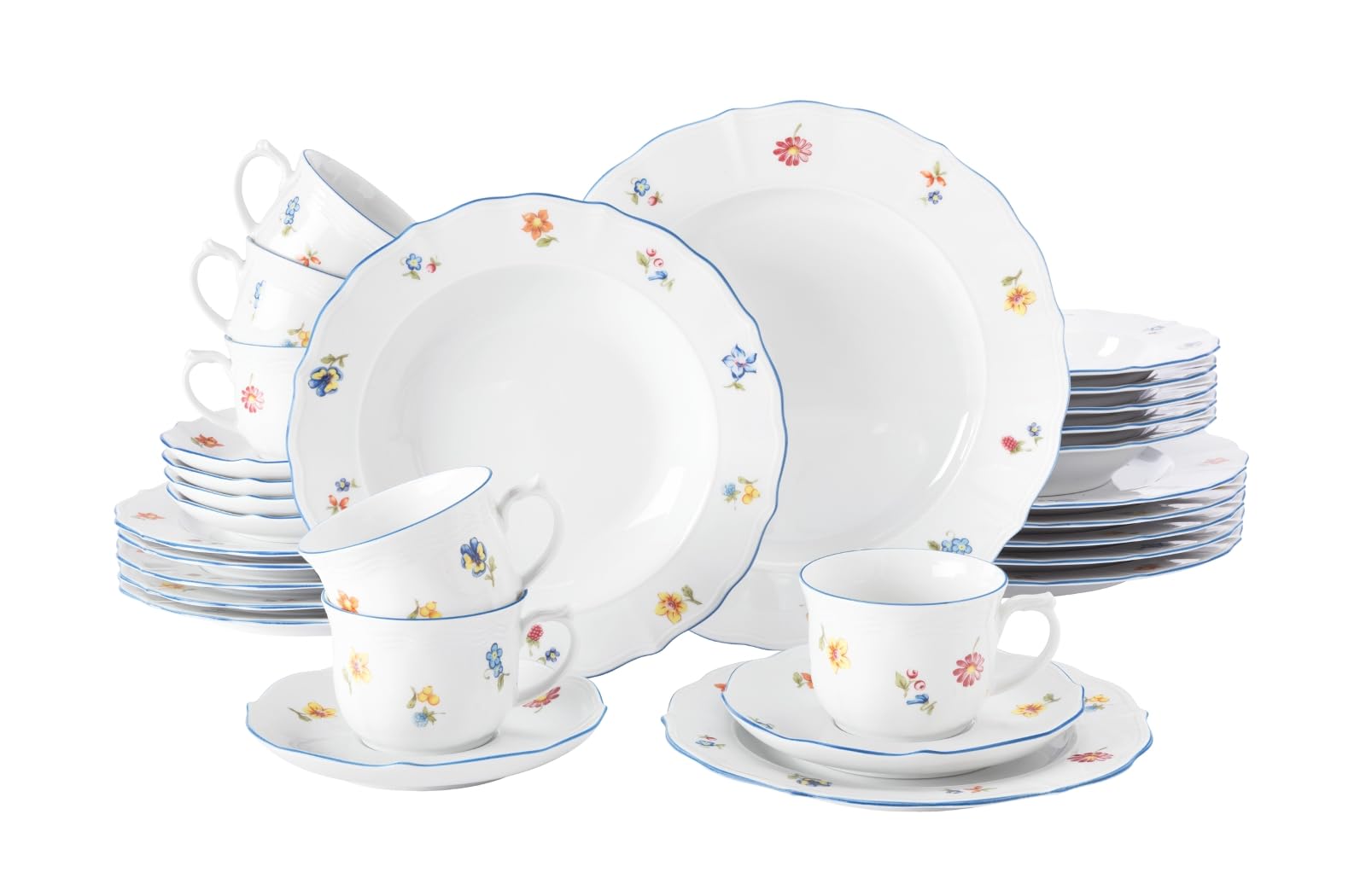 Seltmann Weiden | Kombiservice 30-teilig | Sonate Nostalgie | 6 Speiseteller, 6 Suppenteller, 6 Frühstücksteller, 6 Kaffeeobere & -Untere 36.5 x 31.2 x 36.9 cm, Weiß
