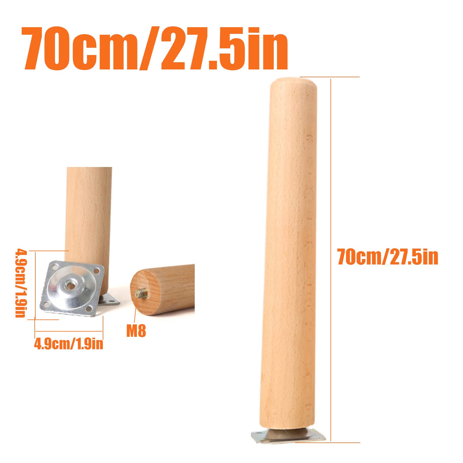 4X Patas De Muebles De Madera Maciza, cónicas Patas de Repuesto de Madera Maciza con Placa de Montaje y Tornillos, para sofá, TV, Armario, Cama, Mesa de Comedor(Size:70cm/27.6in)