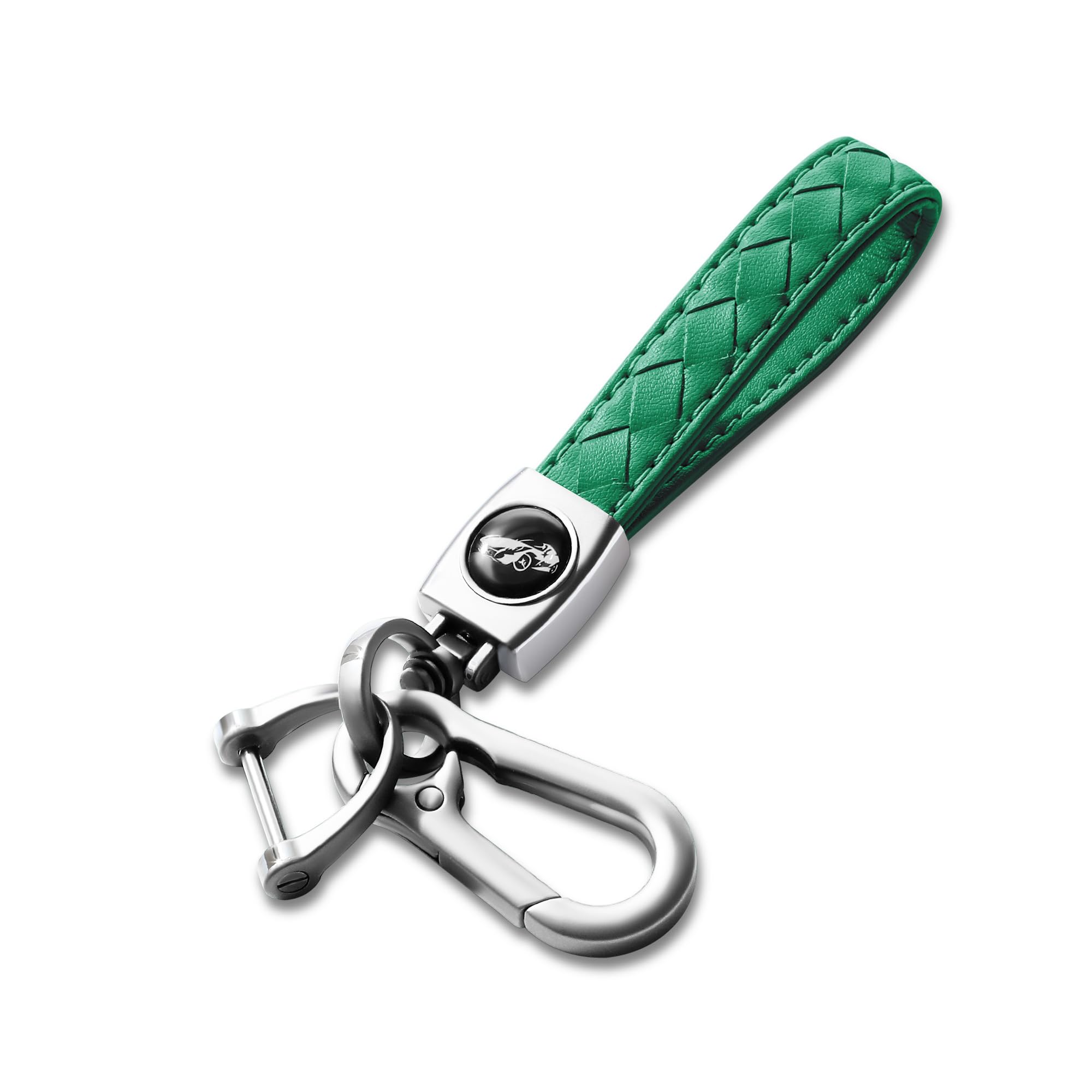 Gkeygo Carabiner Keychain, Universal Heavy Duty Woven Handmade Leather Key Chain, Car Fob Key Keychains with 360 Degree Rotatable Snap Swivel and Anti-Lost D-Ring for Men and Women, Silver - Green