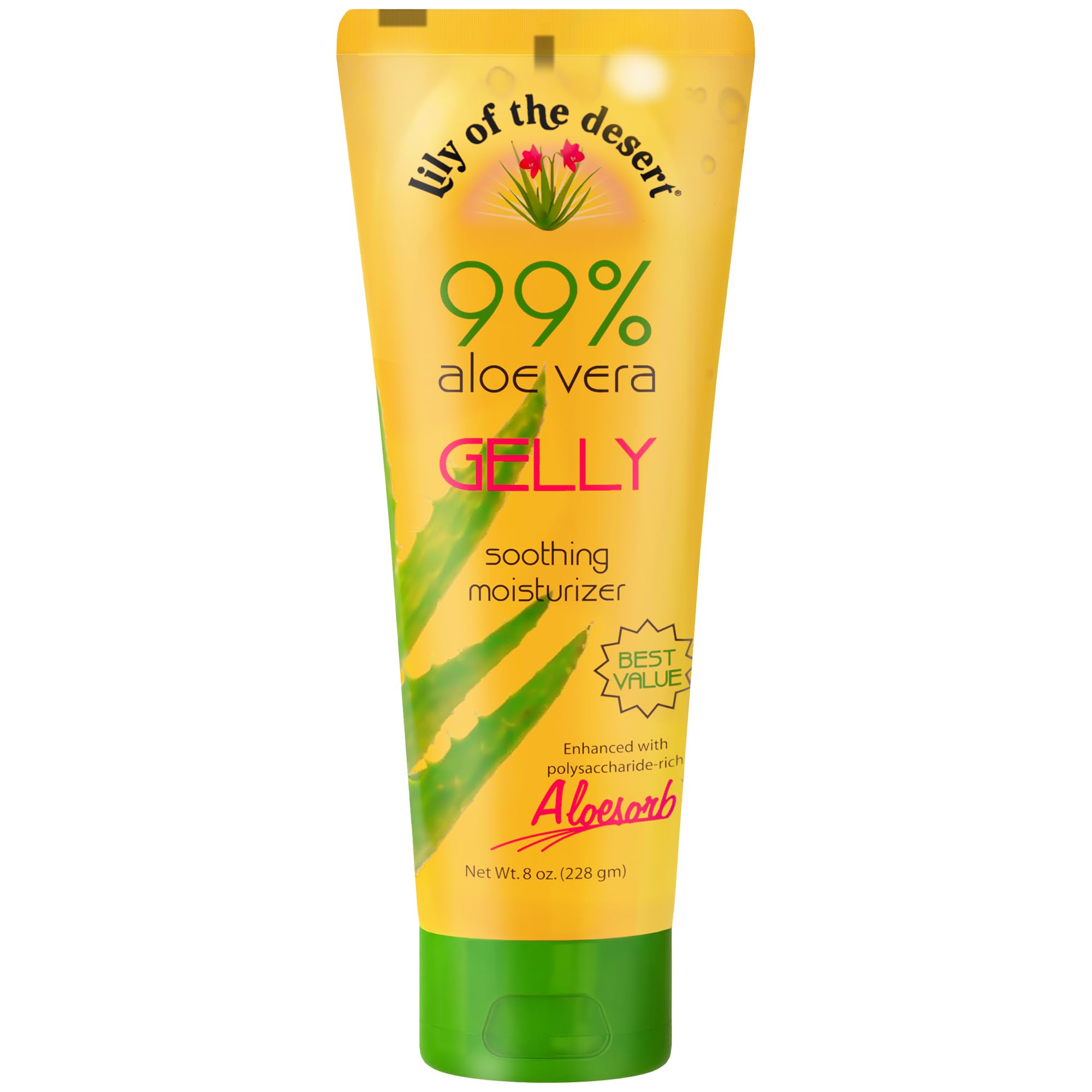 Lily Of The Desert Gelly Moisturizer - 99% Organic Aloe Vera Gel for Skin, After Sun Care with Aloe, Vitamin E Oil, and Vitamin C for Sunburn Relief, 8 Fl Oz