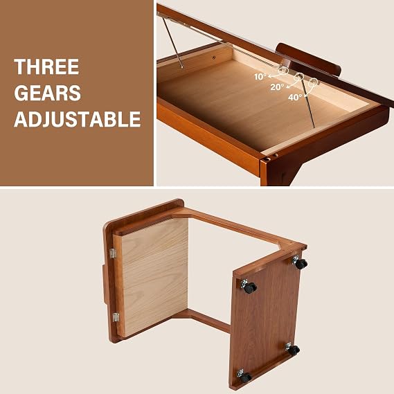 CozyDH C Shaped Rolling Side Table - Walnut Solid Wood End Table with Tilting Top, Adjustable Laptop TV Tray Sofa Side Table with Wheels for Couch,Bedroom,Living Room Home Office
