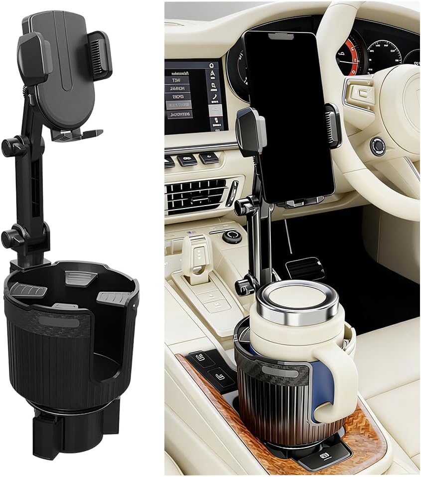 Adjustable Cup Holder Phone Mount 2-in-1 Vehicle Stand Black | Rotatable retractable base, abs construction, anti-slip pads, fits most cars, SUVs, and trucks, automotive accessories