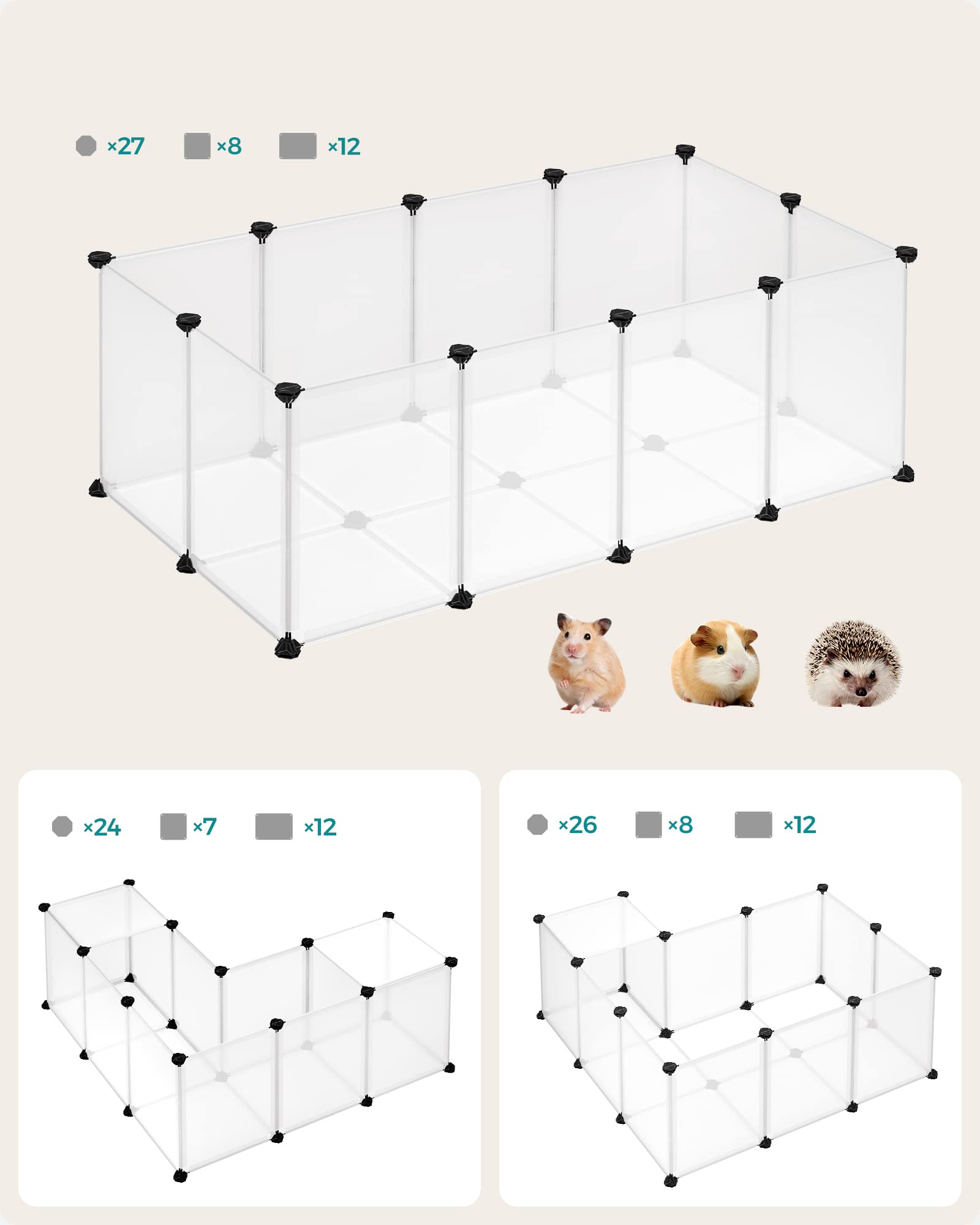 SONGMICS Freigehege mit Bodenplatten, 2er Set, Laufstall, Meerschweinchen Gehege, aus Kunststoff, Gehege für Hamster, Kaninchen, Igel, 125 x 63 x 42 cm, weiß LPC001W02