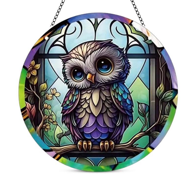 YellowCult Night Owl Theme Hand-Painted Acrylic Suncatcher Window Garden Door Hanging Decor with Metal Chain Stained Glass Wall Art Mural Sunlight Catcher for Outdoor & Home Decoration(15 cm/6 inch)