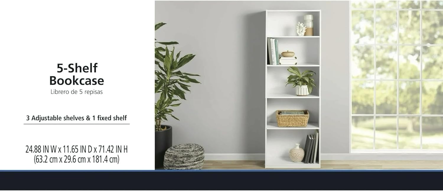 5-Shelf Bookcase with Adjustable Shelves, Open Storage Shelf, 11.65 x 24.88 x 71.42 Inches, for Living Room, Home Office, Dinning Room White