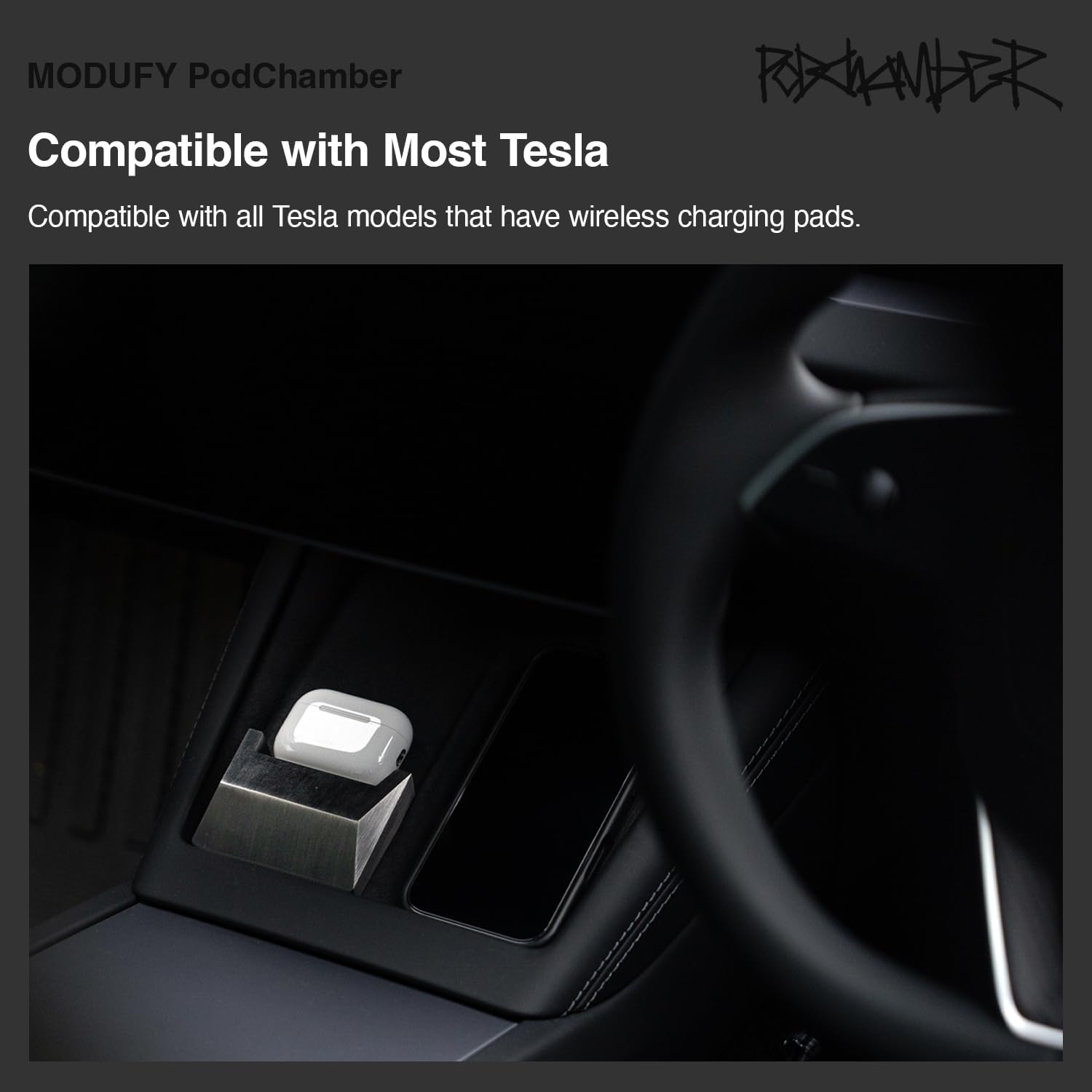PodChamber Tesla Exclusive Qi Earbuds Charging Stand (Qi Compatible/Earbuds/Soundcore P40i / Nothing Ear/Cybertruck/Stainless / Model3 / ModelY/ModelX/Models/Tesla)