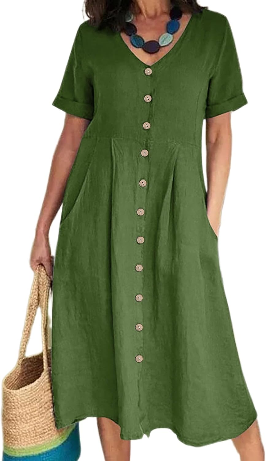 Women Linen Dresses Summer 2024 Button Down Casual Short Sleeve V Neck Long Flowy Midi Dress with Pockets