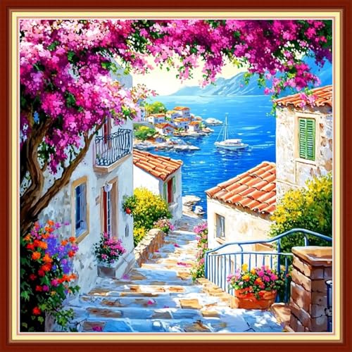 Image of Fanxvivy Stamped Cross Stitch Kits for Beginners Full Range of Cross Stitching Preprinted Embroidery Kits for Adults, 11CT Embroidery Pattern Needlepoint Kits-Seaside Scenery 18x18 inch