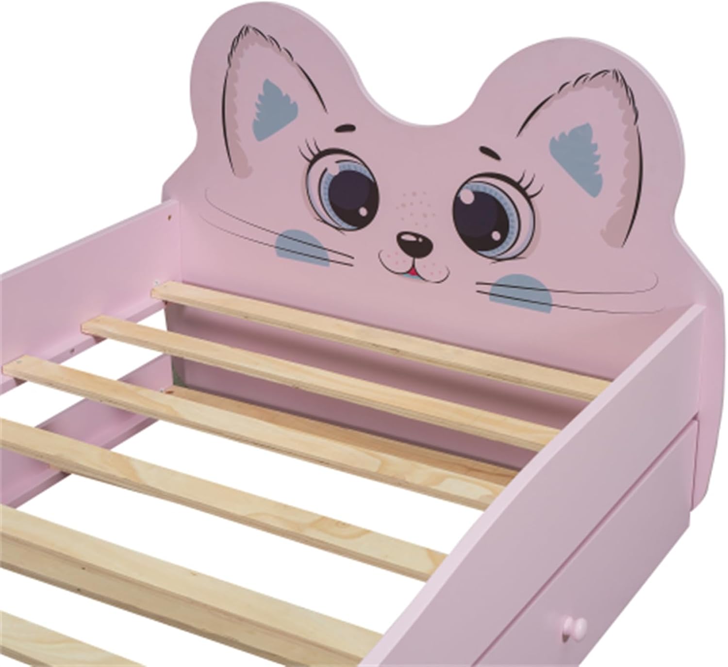 Children's Cartoon Bear and Kitten Pattern Single Platform Bed with Roller Bed Frame, Pink