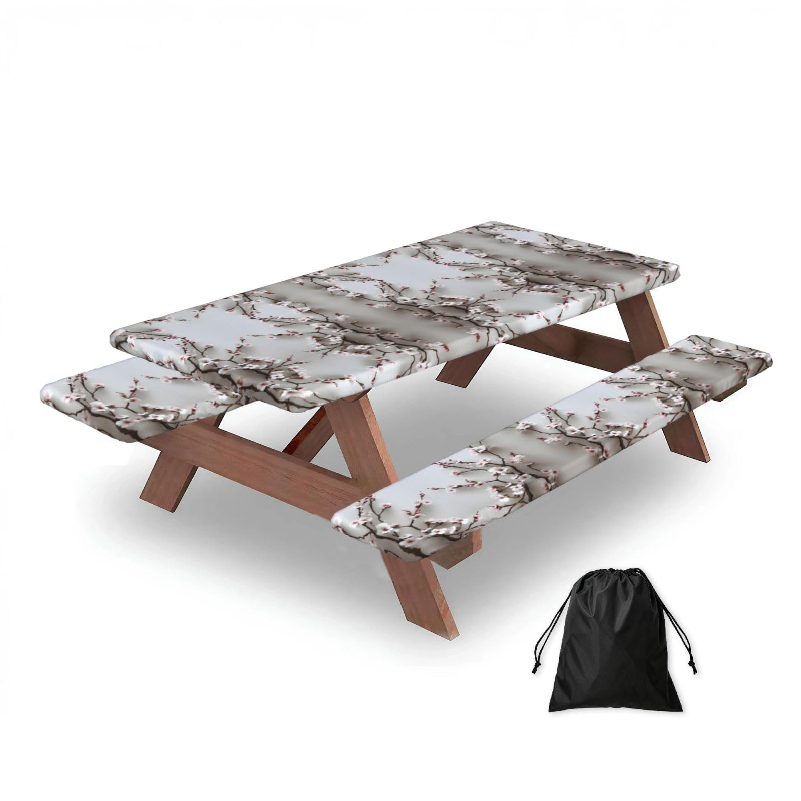 ESNAIUVCD Cherry Blossom Branches Print Picnic Table Cover With Bench Covers,Camping Essentials,Fitted Tablecloth Cover With Elastic Edge, For Indoor & Outdoor 3 Pcs
