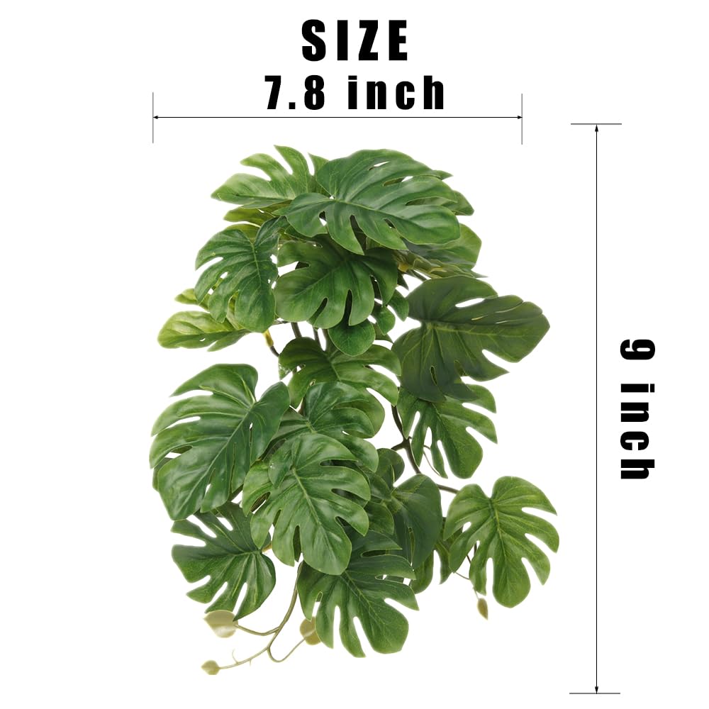 Paquete de 2 plantas falsas de reptiles para terrario, accesorios de tanque de serpiente, decoración de hábitat, plantas colgantes artificiales con ventosa, Monstera falsa