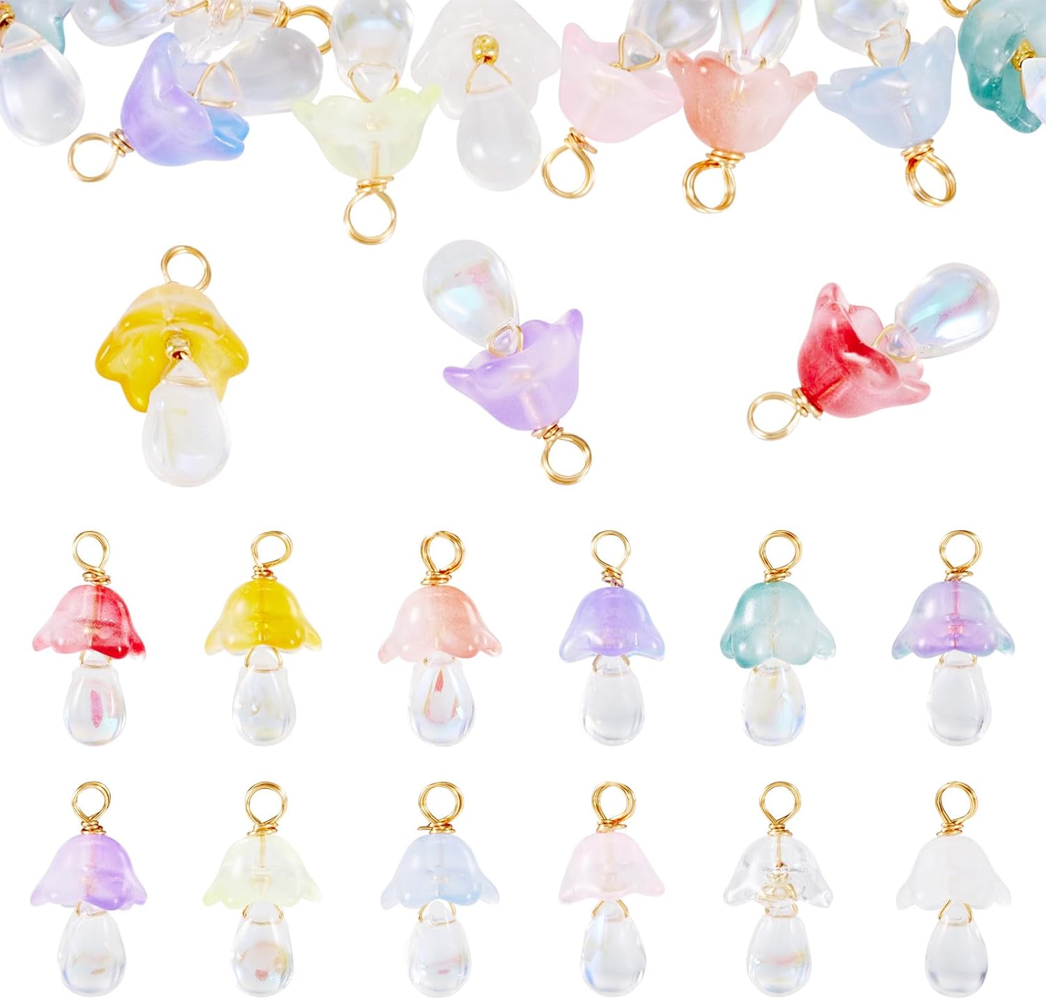 12 Pcs Mushroom Charms Colorful Forest Plant Dangle Charm Crystal Glass Wire Wrapped Pendants Bulk for Jewelry Bracelet Women DIY Earring Necklace Craft Accessory