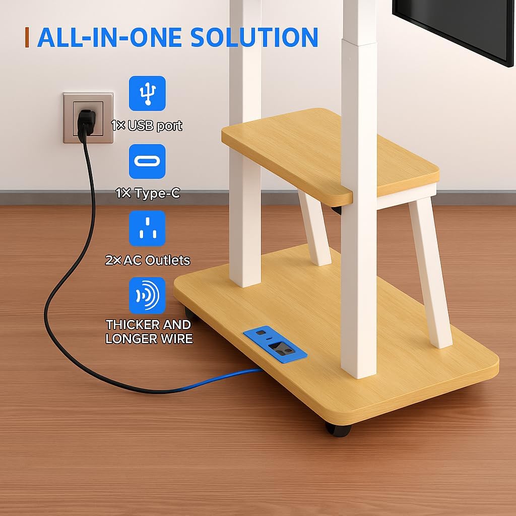 Supporto TV mobile per TV da 32-80 pollici, carrello TV mobile con presa di corrente, supporto TV da esterno con ruote, supporto portatile per TV LCD OLED 4K piatto/curvo max VESA 600x400 mm