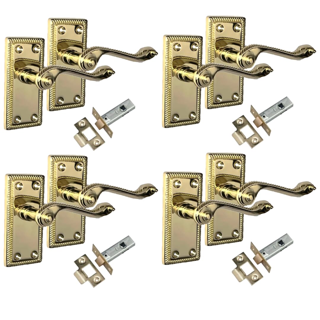 Georgian Style Scroll Brass Door Handle Set – Internal Door Handles with Tubular Latch, Classic Brass-Plated Finish (1-6 Pairs) – Backplate Size 108mm x 48mm (4 Pair of Handles + Tubular Latch)