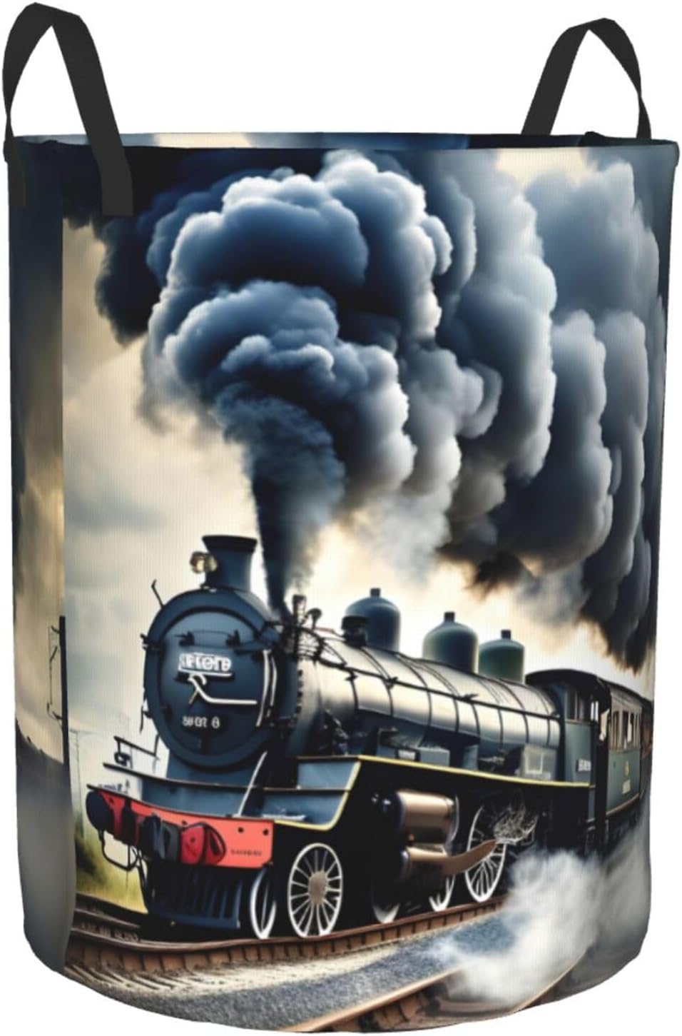 Steam Train Clouds Print Circular Protable Storage Bin,Basket For Laundry Hamper With Handles Bedroom Clothes