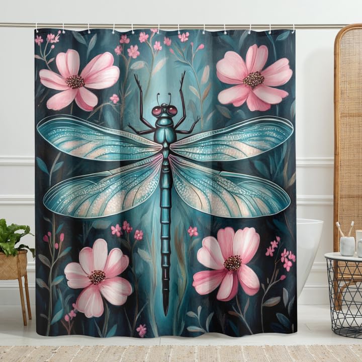 Dragonfly Shower Curtain, Aqua Blue Floral Shower Curtain for Bathroom Decor, Spring Summer Modern Botanical Waterproof Fabric Shower Curtain Set with Hooks 62x72 Inch