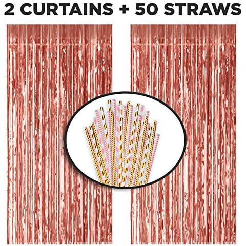 VAVO 2pc Rose Gold Metallic Tinsel Foil Fringe Curtains & 50 Biodegrade Paper Straws – Party Supplies & Decorations – Photo Booth Props & Drinking Straws for Birthday, Wedding & Bachelorette Parties Cover