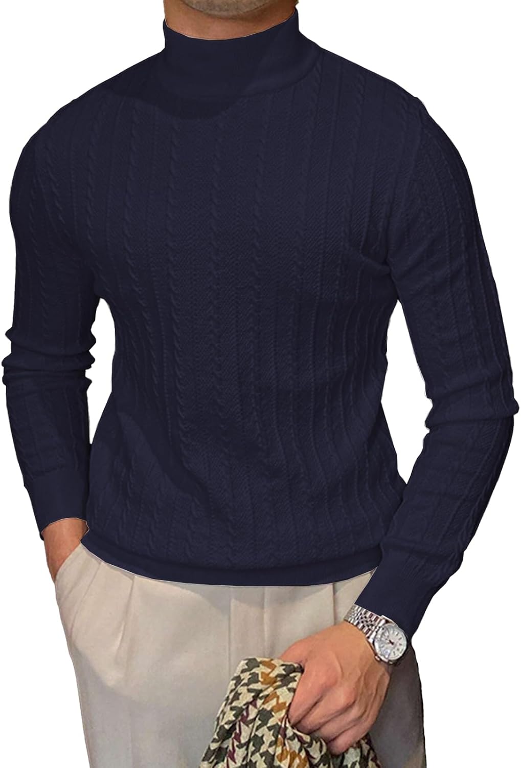 Men's Mockneck Sweaters Long Sleeve Slim Fit Casual Pullover Cable Knit Turtleneck Jumpers Sweaters - Image 2