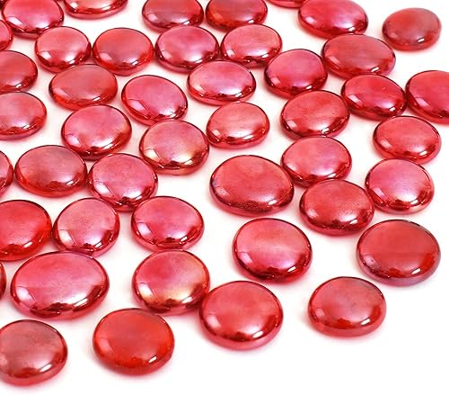 HUIANER Canicas de vidrio plano de 1 libra, 100 cuentas de vidrio planas rojas para relleno de jarrón, jardín, acuario, tanque, guijarros, mesa,
