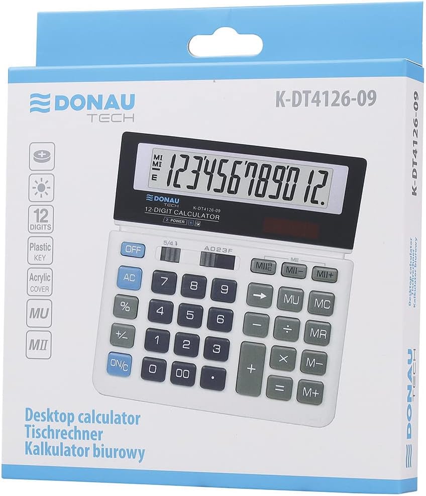 DONAU TECH/K-DT4126-09 Desktop Calculator 12-Digit Root Function 156 x 152 x 28 mm White with 12-Digit Display Dual Power Solar Battery Operated Compact Design