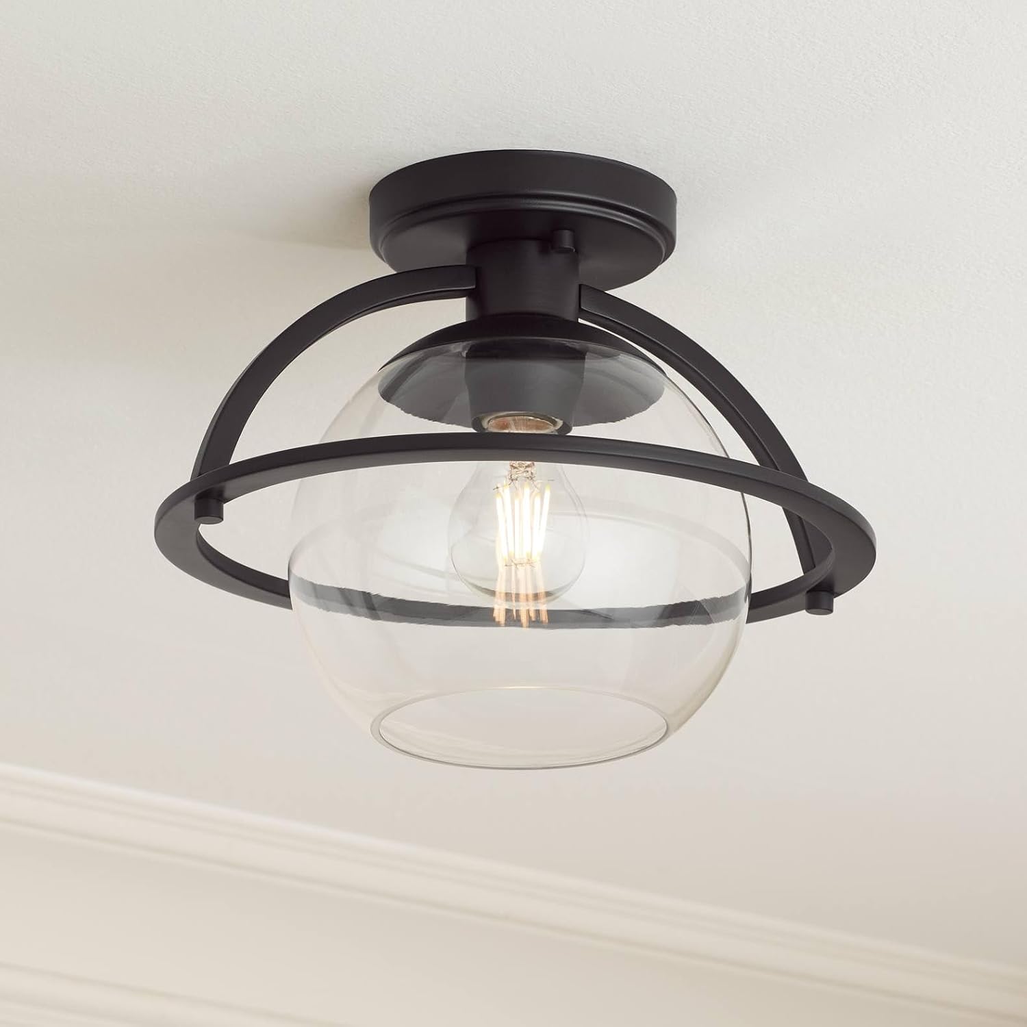 Possini Euro Design Oblys 12" Modern Semi Flush-Mount Mini Ceiling Light Fixture Kitchen Foyer Hallway Round Globe Black Finish Clear Glass Metal Bedroom Bathroom Entryway Living Room Indoor
