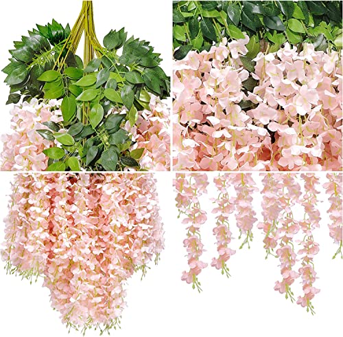 Pauwer Wisteria Hanging Flowers 24 Pack Fake Flower Garland Artificial Wisteria Vines Rattan Silk Flower String Wedding Party Wall Home Decorations,Blush Pink #TOP2