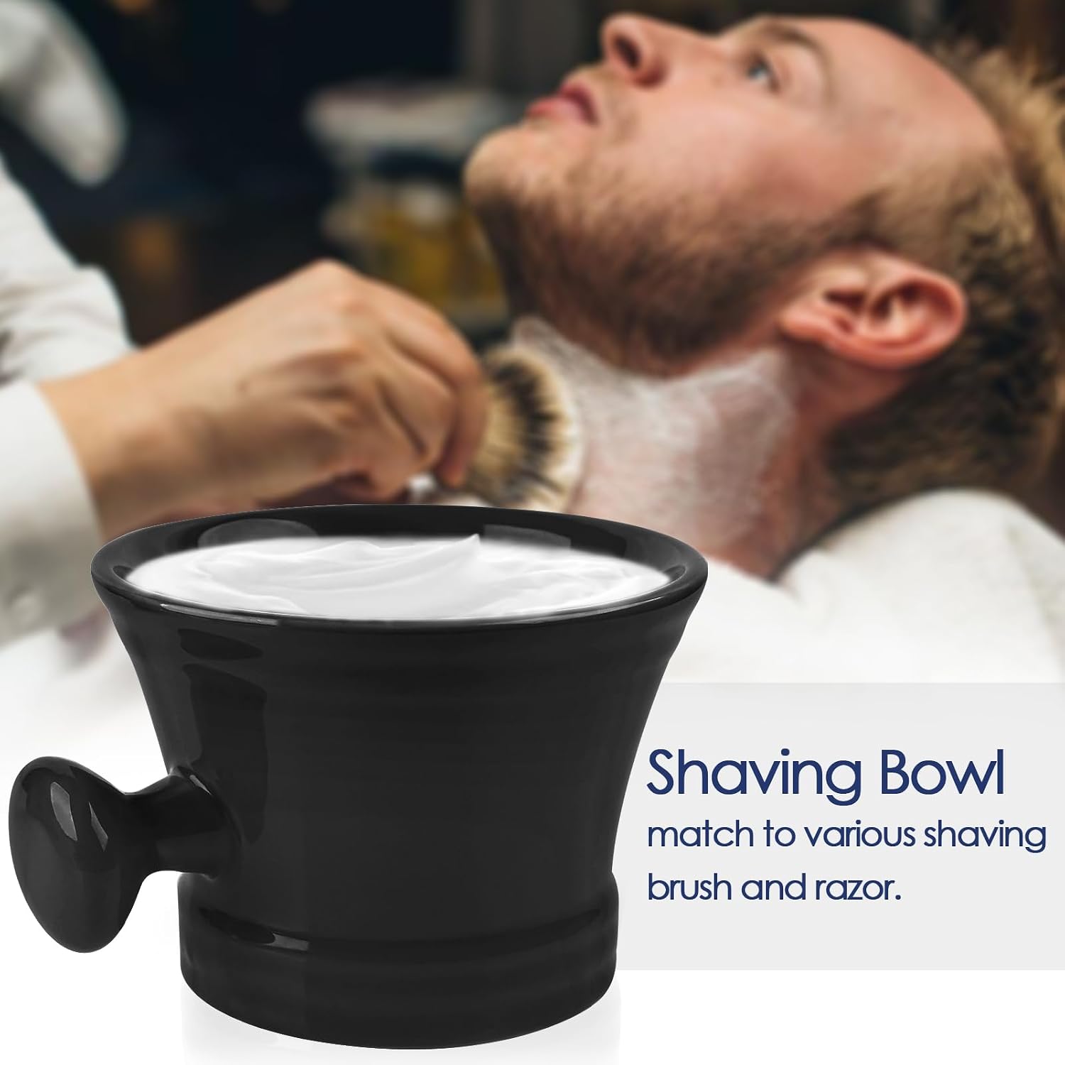 Linkidea Ceramic Mug Shaving with Knob Handle, Deep Size Wet Shaving Cup, Razor Shave Soap and Cream Bowl for Men (Black), RAC22-01