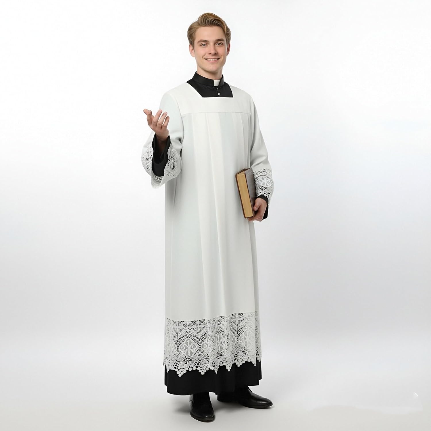 Catholic White Clergy Surplice with Decorative Lace Trim, Full Length Religious Vestment, Long Sleeve Regular Fit