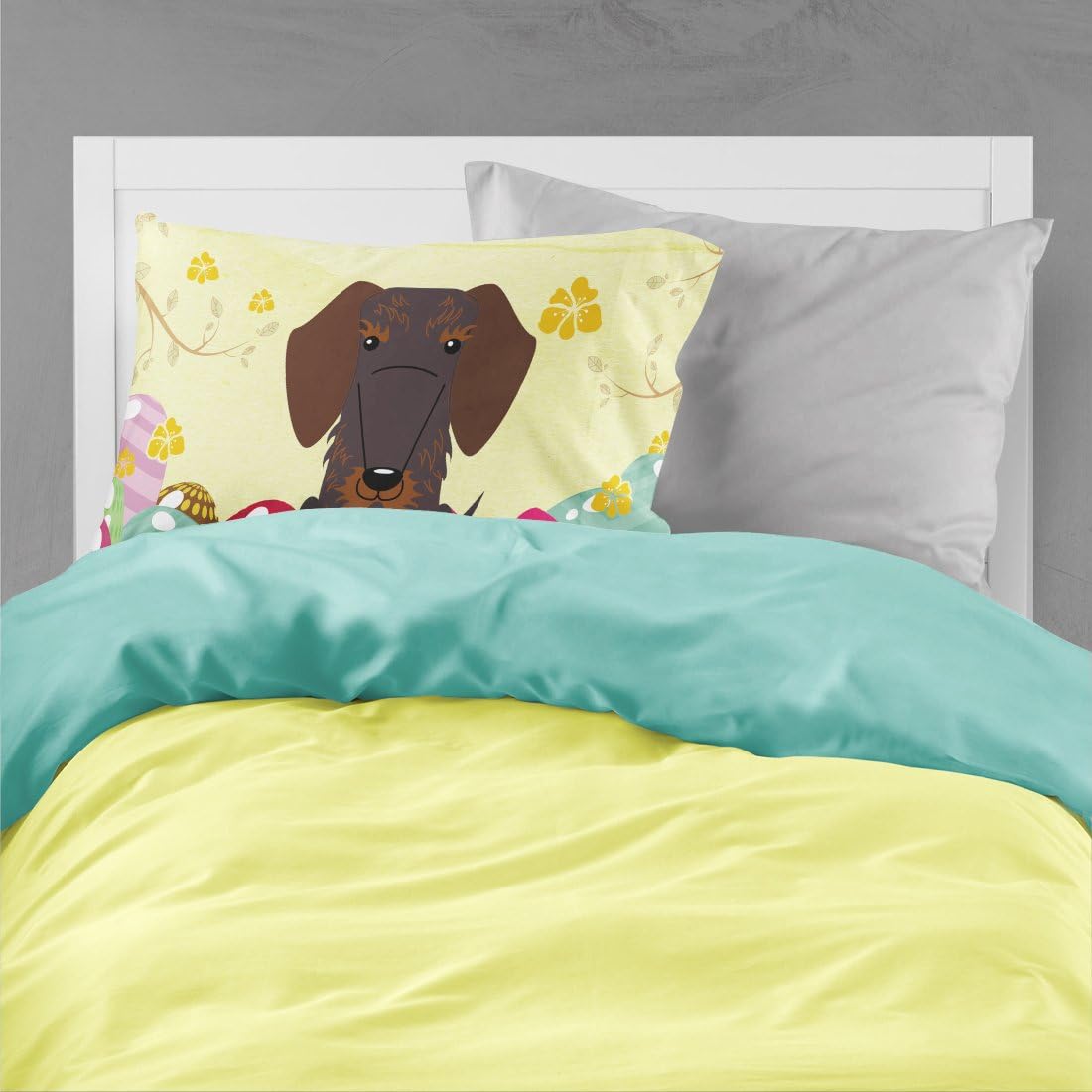Caroline's Treasures BB6129PILLOWCASE Easter Eggs Wire Haired Dachshund Chocolate Fabric Standard Pillowcase Lightweight Super Soft Easy Care Decorative Artwork Pillowcase, Standard image 2