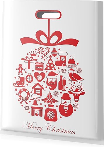 Miniatura 6 de Bolsas de regalo de Navidad, 50 bolsas de compras de Navidad de 9 x 12 pulgadas para boutique, bolsas de plástico blanco y rojo con patrón de Feliz