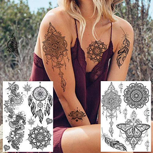 6 Sheets Fanrui Indian Tribal Black Temporary Tattoos For Women, Large Waterproof Lace Lotus Tattoos Mandala Flower Fake Jewelry Pendant, Butterfly Sleeve Tattoo For Adults Stickers Kit Wedding Dreamcatcher Feather #TOP6