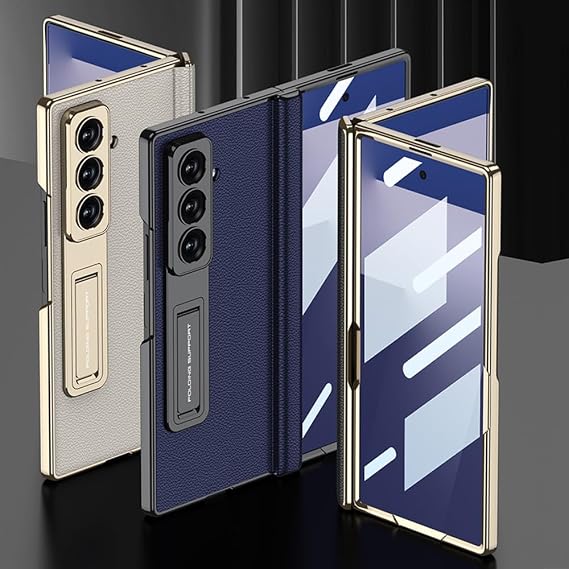 Leather Case for Samsung Galaxy Z Fold 7 with Kickstand,[Built-in Screen Protector and Magnetic Hinge Protection] Slim Luxury Plating Frame Shockproof Cover for Samsung Galaxy Z Fold 7(Blue)