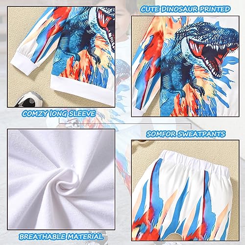 Image of HINTINA Baby Boys Dinosaur Long Sleeve Hoodie Tops Sweatsuit Pants Winter Outfit Set