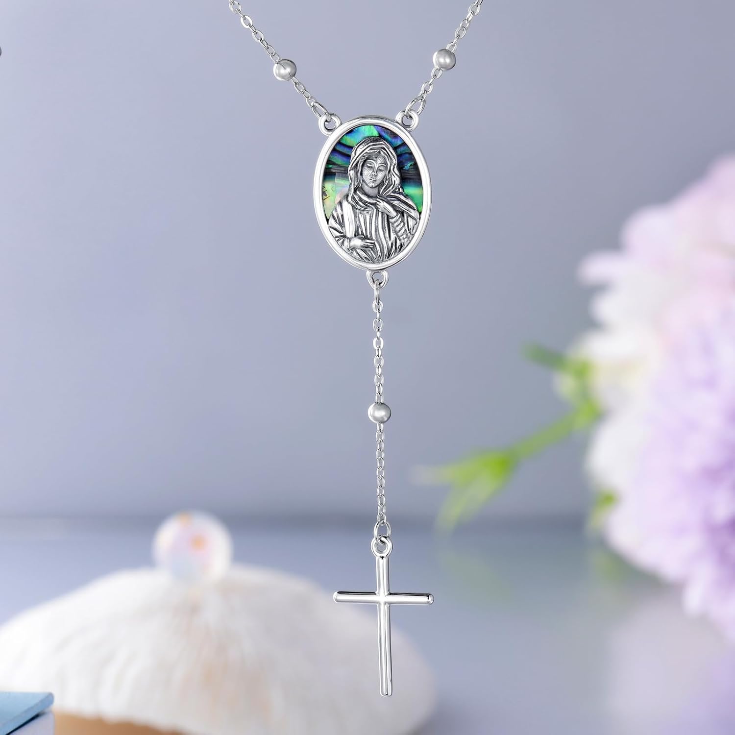 KQF Virgin Mary Necklace for Women 925 Sterling Silver Cross Pendant Y Necklace Abalone Shell Religious Jewelry Gift