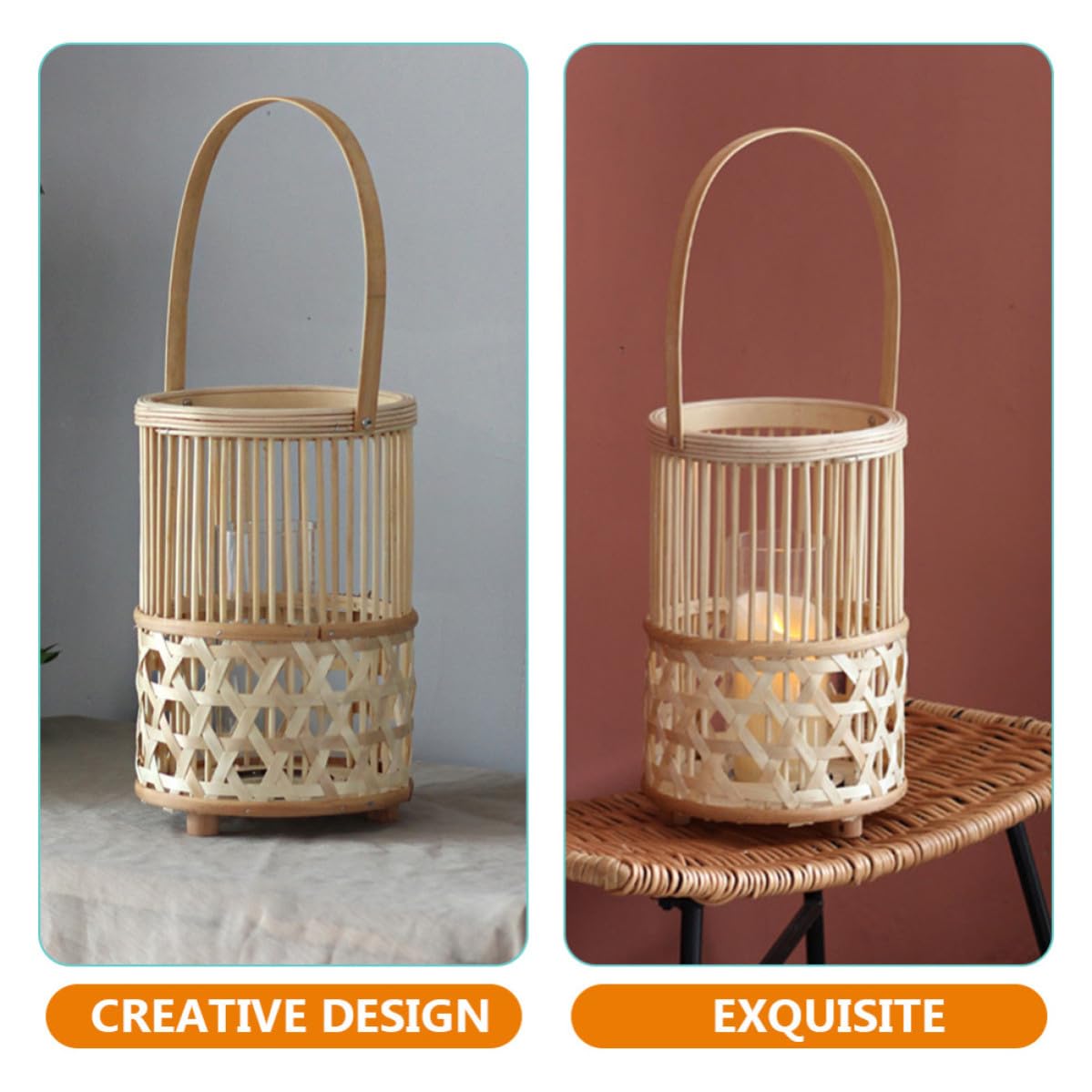 Portacandele Intrecciato in Bambù e Vetro, Decorazione Retrò Portatile