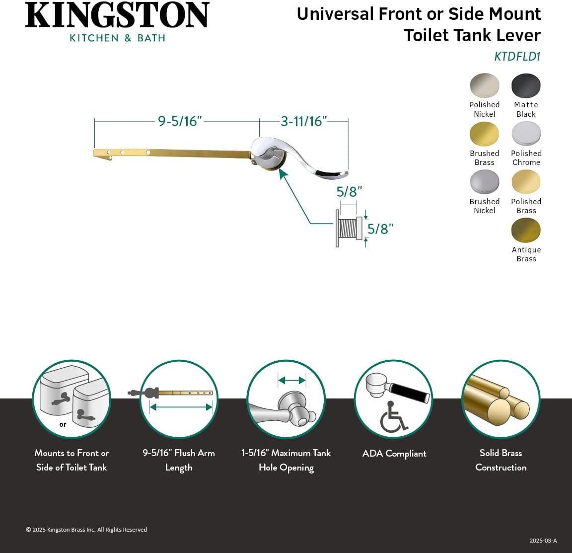 Kingston Brass KTDFLD7 NuWave Universal Front or Side Mount Toilet Tank Lever, Brushed Brass