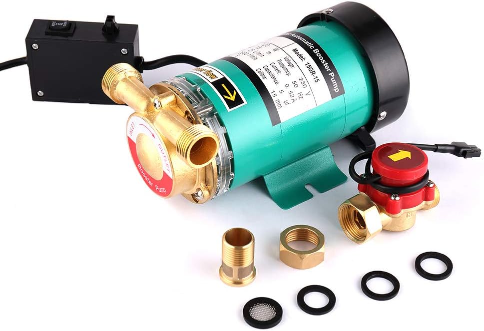 SHYLIYU 120W Circulation Pump 15m/49ft 25l/min Hot/Cold Water Automatic Water Pressure Booster Pump ¾ Outlet Shower Pump with Brass Water Flow Switch for Home Shower Taps Garden Irrigation Pond