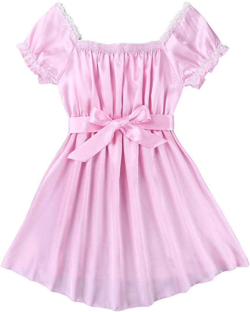 FEESHOW Mens Short Sleeve Shiny Satin Crossdress Lingerie Dress Nightwear Underwear