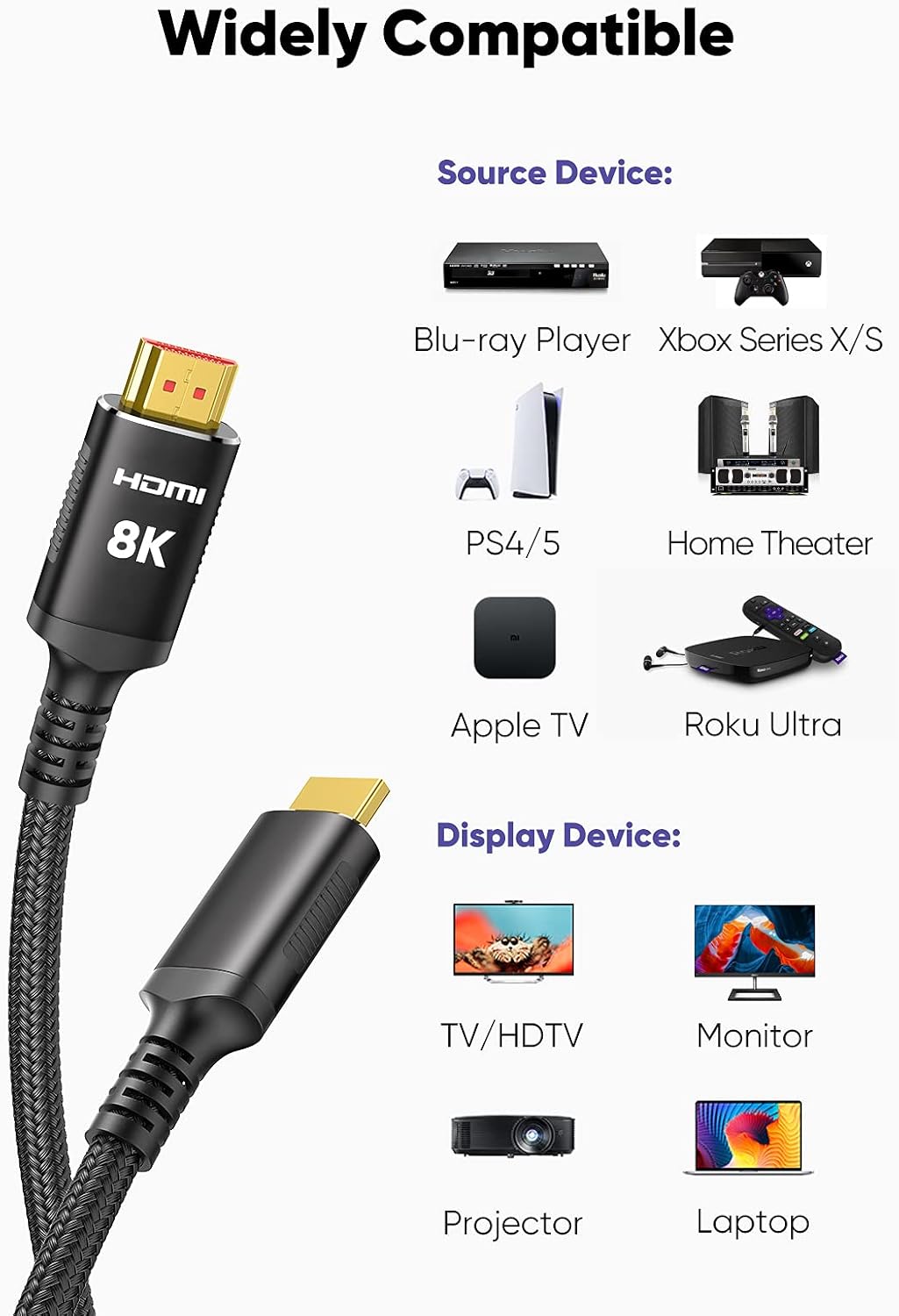 Snowkids 8K@60 HDMI Cable 2.1 3.3FT/1M, 48Gbps High Speed 8K60 4K120 144Hz Braided HDMI Cord HDR/eARC/3D HDCP 2.2&2.3 Compatible with Roku TV/PS5/HDTV/Blu-ray