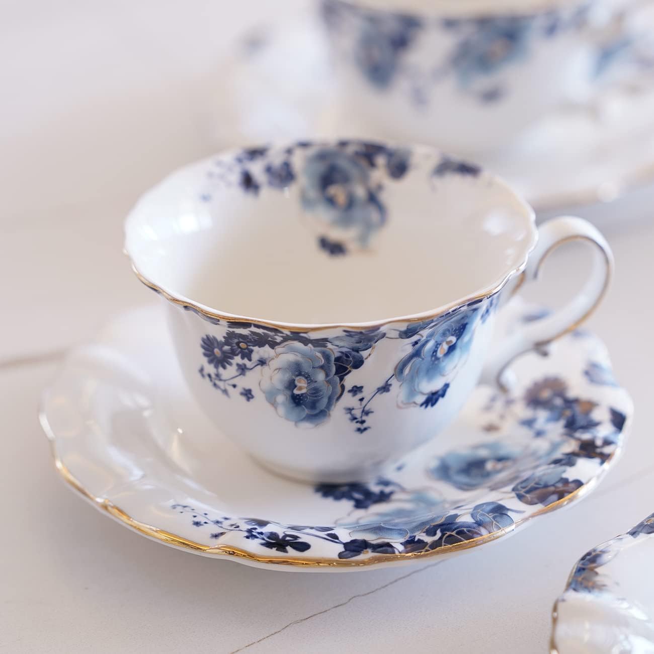 Jomop Ceramic Tea Cups Coffee Cup and Saucers Set of 4 (Blue and White) - Image 5