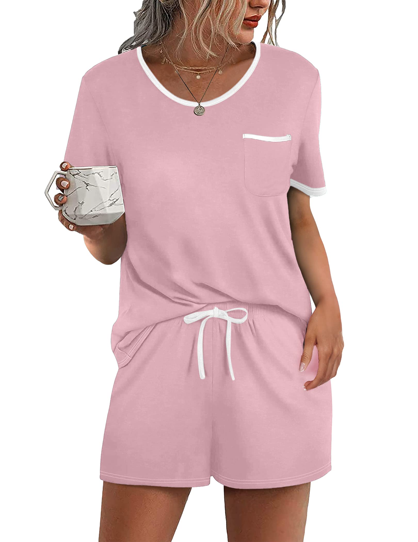 EkouaerPajama Set for Women 2 Piece Lounge Set Short Sleeve Tops and Shorts Soft Sleepwear, Chest Pocket