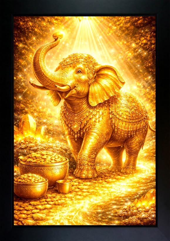 CrowdHall Golden Elephant Photo Frame Wall Art for Home Decor | Wealth, Power & Good Luck Vastu Feng Shui Wall Decor for Living Room & Office | HD Glossy Print | Premium Fiber Black Frame (10 x 13.5 inch )-image-3
