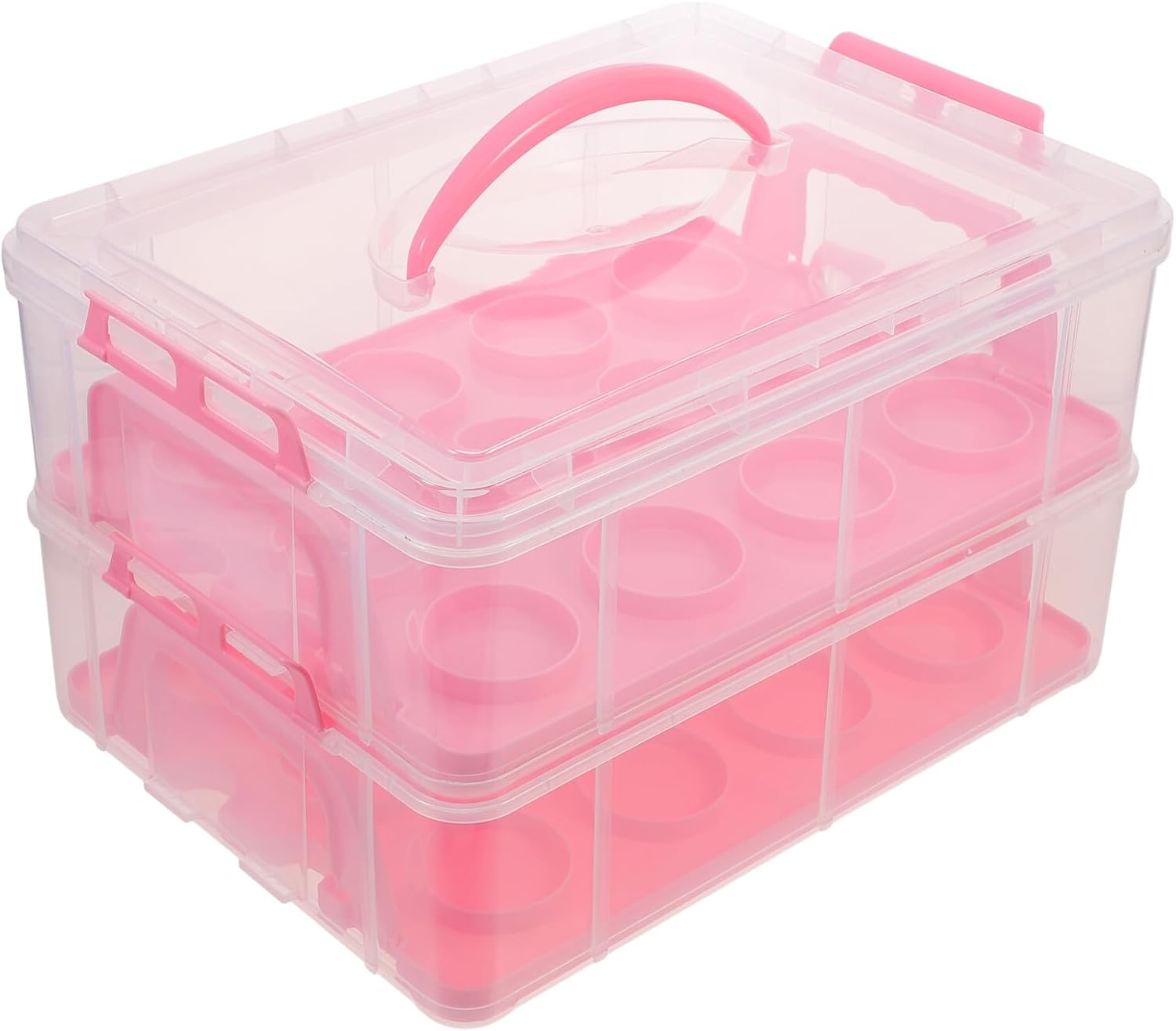 jojofuny Multi-layer Pink Cupcake Carrier with Handle, Portable Paperboard Cake Box for Baking and Party, 2-tier Square Dessert Storage Organizer for Home and Travel