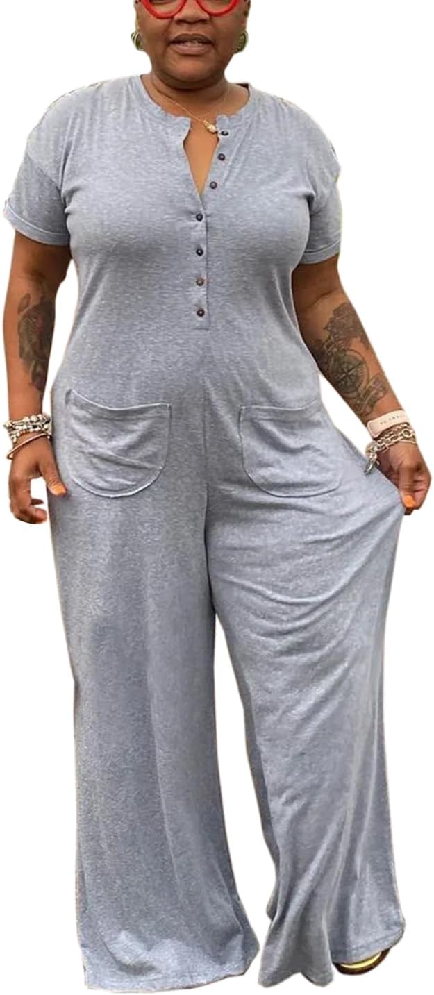 YeGine Plus Size Women Short Sleeve Loose Jumpsuit Casual Rompers One Piece Button Up Wide Leg Jumpsuits