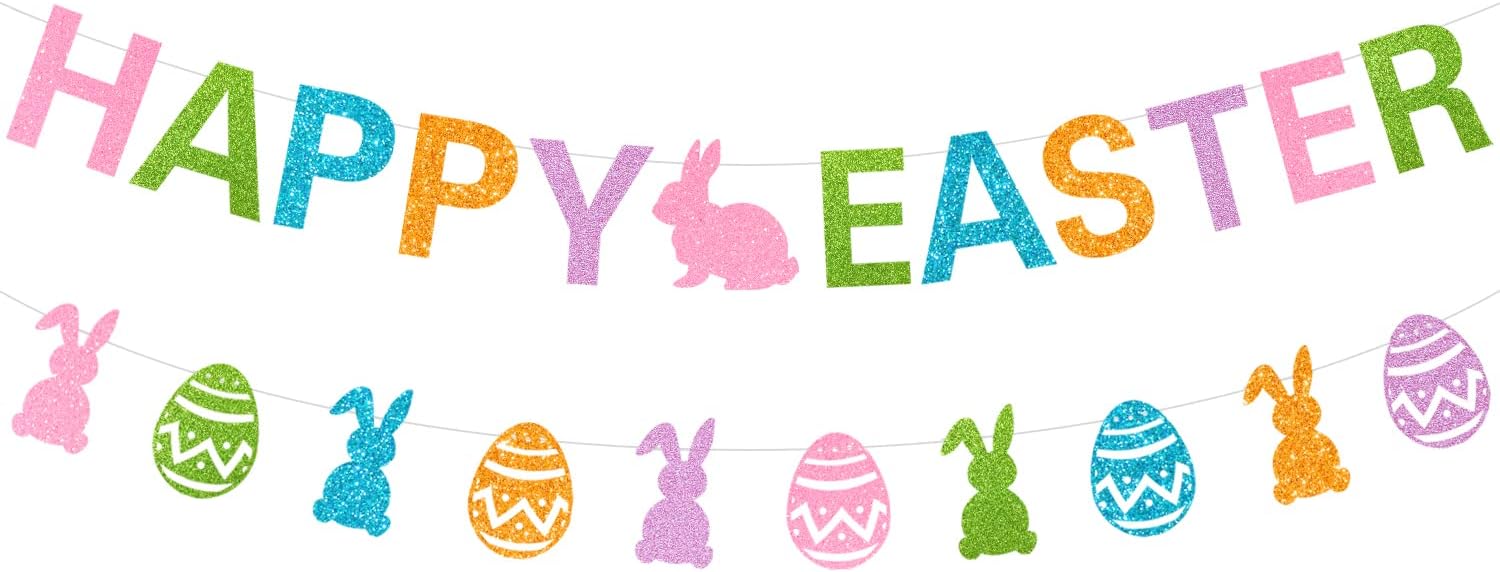 CAVLA Glitter Happy Easter Banner and Colorful Glittery Bunny Rabbit Easter Eggs Banner