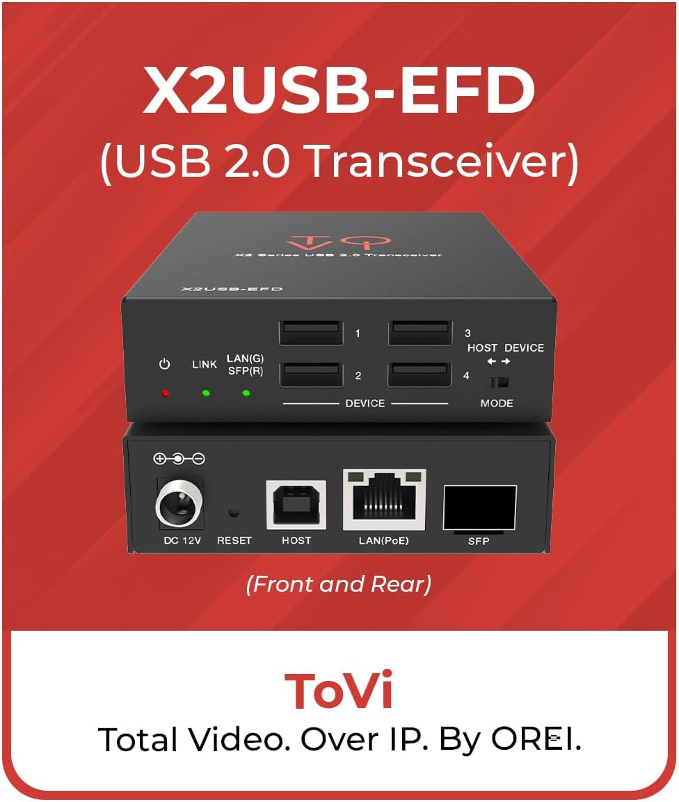 ToVi USB 2.0 Over IP Extender Transceiver – 1GbE Network (Copper/Fiber SFP), Dual Host/Device Mode, 4-Port USB Hub, PoE Support, 480Mbps, Open API (X2USB-EFD)